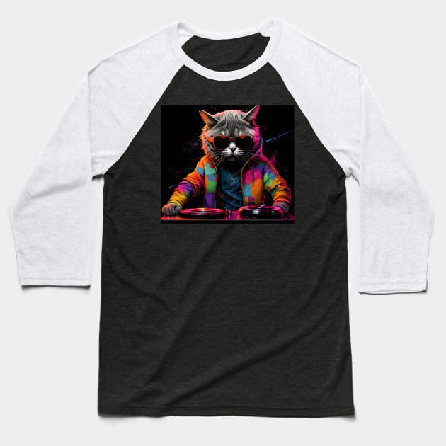 Cool HOUSE CAT (Rainbow DJ Kitty) Baseball T-Shirt by VisionDesigner